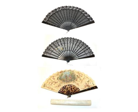 Three Large Fans, two circa 1890, the third slightly later, the monture of tortoiseshell, the double silk leaf painted with a
