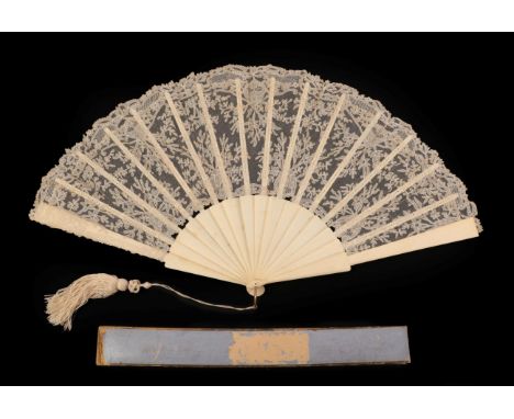 A Large Lace Fan, circa 1890's, the monture plain with chamfered edges to the guards. The light and airy leaf of Brussels Mus