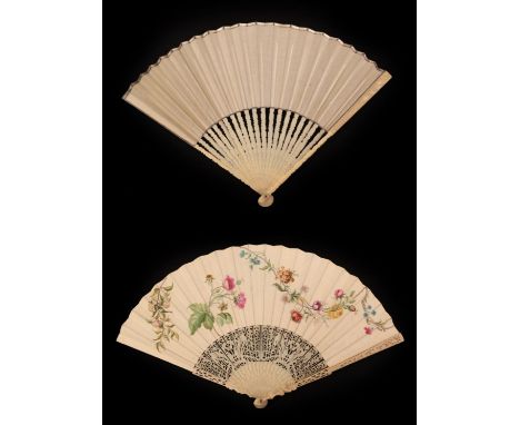 A Mid-18th Century Ivory Fan, the ivory guards deeply carved with scrolls and flowers, the gorge sticks featuring two panels,