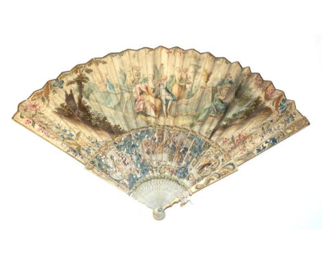 An Attractive Mid-18th Century Ivory Fan, the leaf mounted à l'Anglaise, the monture intricately carved and pierced and paint