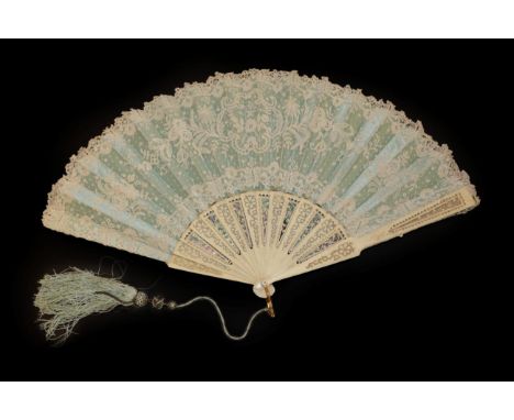 A Third Quarter 19th Century Lace Fan, the monture of bone, carved, and pierced, fitted from behind with slivers of mother of