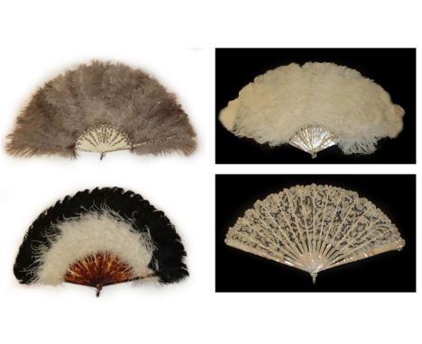 Four Fans Ranging from 1900 to the 1920's, to include a Mixed Brussels lace fan, the leaf mounted on pink mother of pearl sti