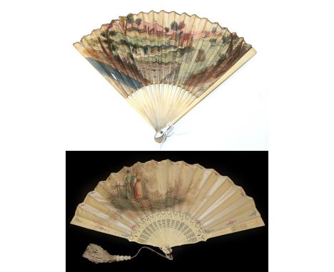 An Early Printed and Hand-Coloured Fan, the double paper leaf mounted on plain, slender ivory sticks, with mother of pearl th