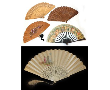 Three 19th Century Wood Brisé Fans, to include a small example painted with roses and leaves. Guard 7 inches or 18cm; a large