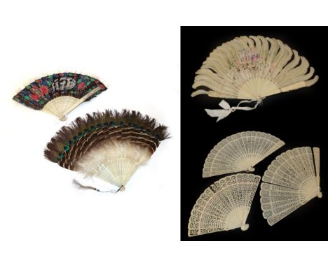 Six Chinese Fans, Qing Dynasty, to include a bone fan mounted with goose and peacock feathers, overall height 13 inches or 33