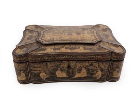 A Shaped Early 19th Century Chinese Export Black Lacquer Sewing Workbox, decorated in gold, the sides undulating, the scallop