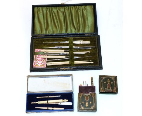 A 19th Century Sewing Set, contained in a green velvet box with silk to the inside lid and velvet to the tray, the exterior c