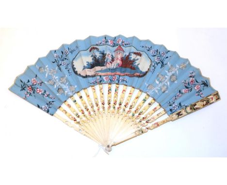 The Proposal: A Mid-18th Century Ivory Fan, cheerful in bright blues and pink against the cream monture, with daintily painte