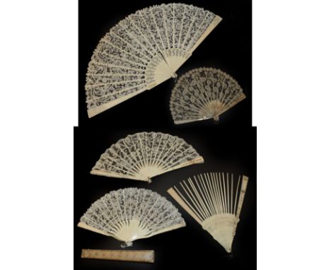 Four Lace Fans and a Fan Monture, late 19th to early 20th century: Comprising a large late 19th century bone fan, the monture