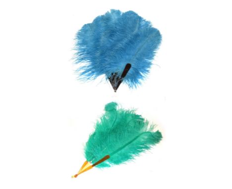 A Folding Ostrich Feather Fan, early 20th century, mounted on faux tortoiseshell sticks, the six long feathers of mid blue sh