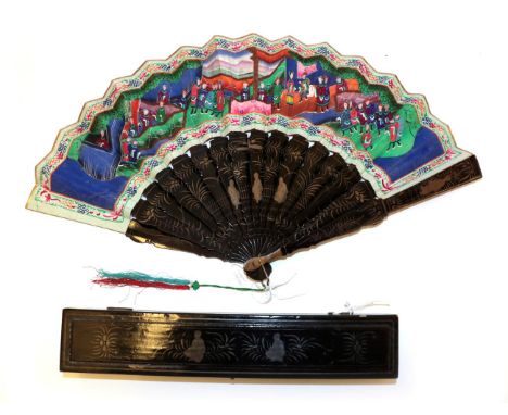 A Late 19th Century Chinese Mandarin Fan, the monture of wood lacquered in black with some light shade of dull silver decorat