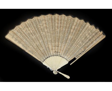 A Dance Fan, French, circa 1810, a double paper leaf mounted on bone with plain monture and very tiny gorge. E. PAYNE INV'd M