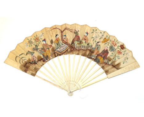 The Chinese Tea Ceremony: A Mid-18th Century Ivory Fan, the slender monture of ivory, the only decoration being to the upper 