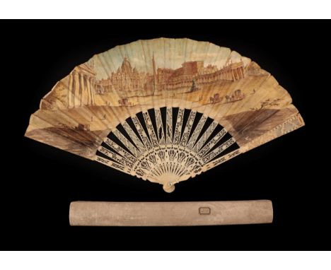 A View of Saint Peter's in Rome: An 18th Century Carved and Pierced Grand Tour Ivory Fan, the monture carved with a lattice a