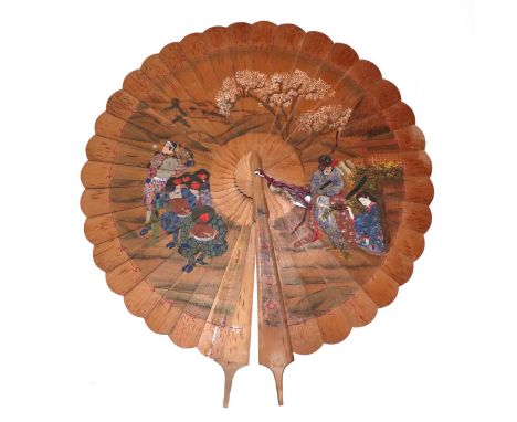 An Oversized Chinese Wood Cockade Fan, the natural wood panels painted to the recto with a landscape to the background featur