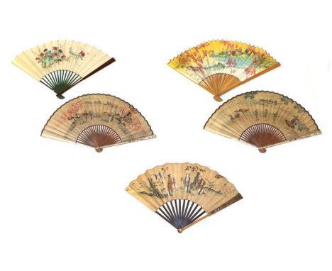 A Group of Five Japanese Fans, 19th and 20th century: Comprising a good painted example with wood sticks, the gorge stained d