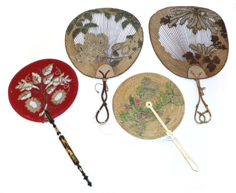A Pair of Japanese Face Screens or Fixed Fans, with twisted bamboo handles, the screen of floral design with an open lattice,