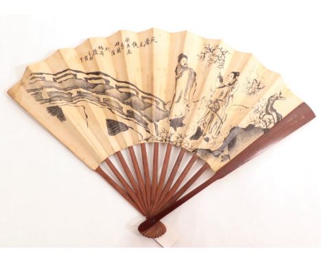 A Very Interesting Chinese Fan that would benefit from more research. The monture, of polished wood, is carved on both guards