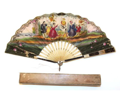 A Circa 1830's Wood and Horn Fan, the monture having wood guards dyed black, clouté with silver metal and overlaid with white