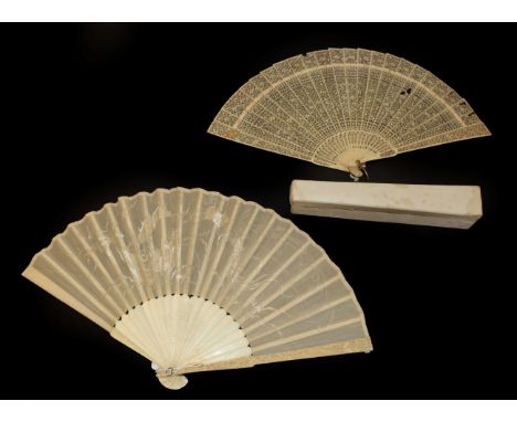 A Chinese Carved and Pierced Ivory Brisé Fan (or possibly good quality bone?), 19th century, Qing Dynasty, elaborately carved