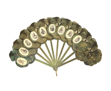 Boer War Commanders: A Palmette or Jenny Lind Fan, the wood sticks dyed green, c 1899, each embossed paper section shaped as 