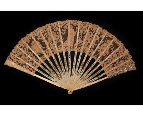 A Rare Italian Marriage Fan, the leaf combining different needle lace techniques, an armorial of each important family at eit