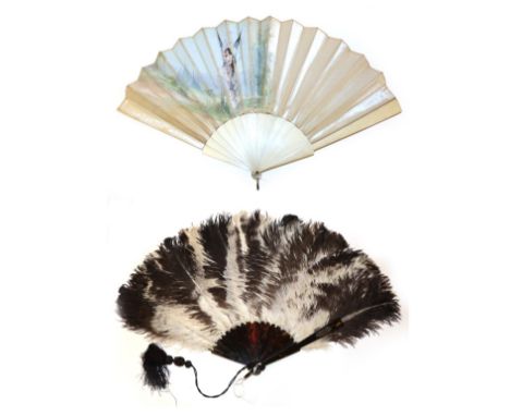 A Large Late 19th Century Bone Fan, the monture plain, the double fabric leaf of cream silk, painted in soft pastels with a m