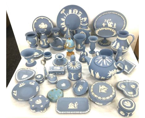 Large selection blue and white Wedgwood Jasperware to include Teapot, trinkets, vases etc 