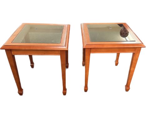 Pair of mahogany glass topped lamp tables 2 inches tall 19.5 inches square