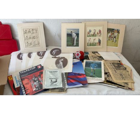 Mixed sporting memorabilia includes cricker prints, liverpool autographs, sports newspapers/ cutting rugby programmes, wemble