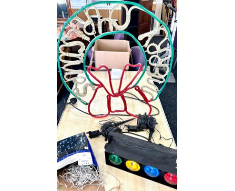 Strobe disco light, 2 singular disco lights, Christmas light up wreath, selection LED lights, all untested