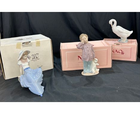 NAO by Lladro Figurine 01139 Bedtime Small boy with teddy in original box, 00242 Patito Pico in original box, 01042 Lady figu