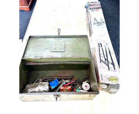 Adjustable tressel, tin box containing tools 