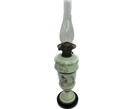 Antique hand painted glass oil lamp with funnel, no shade, total height 69cm tall