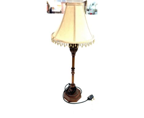 Vintage carved wooden table lamp with shade measures approx 29 inches tall