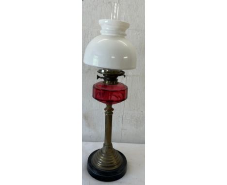 Vintage brass column base cranberry oil lamp with shade and funnel 29 inches tall
