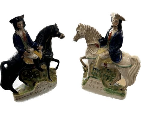 Two victorian Staffordshire figures ' Dick Turpin' and ' Tom King' largest measures approx 9.5 inches tall