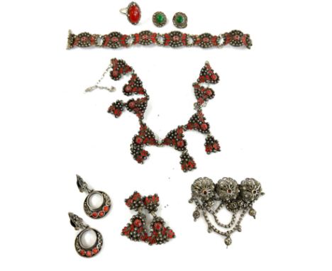 Islamic Persian silver white metal and enamel jewellery, bracelet, neck lace and earrings total weight 101 grams