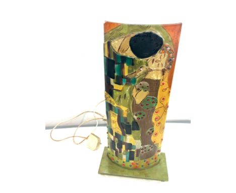 Retro hand painted metal and glass table lamp measures approximately 47cm tall 23 cm wide 12 cm depth