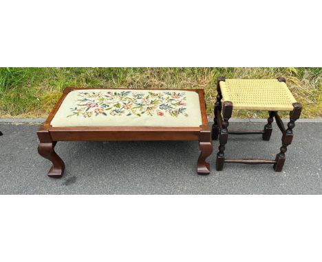 Tapestry topped footstool 12 inches tall 30 inches wide 19 inches depth