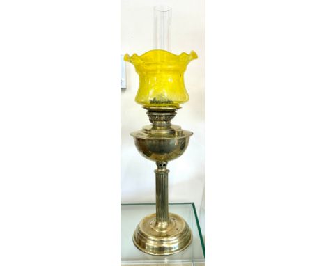 Art Deco brass oil lamp with yellow shade and funnel, overall height 26 inches, approximate measurements of shade burner diam