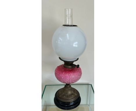 Brass victorian detailed oil lamp with shade and flute approx height 24 inches