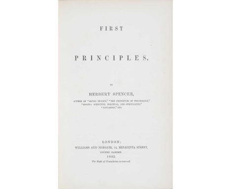 Spencer, Herbert First Principles London: Williams and Norgate, 1862. 8vo, half-title, contemporary half calf, upper joint sp