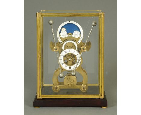 A single fusee skeleton type grasshopper clock with moon phase, circa 1970, by Sinclair Harding, England.  Case height 44 cm,