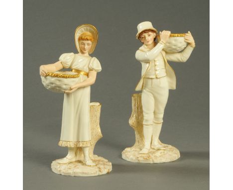 A pair of Royal Worcester figural spill holders, in the manner of Hadley, with green printed mark to base and impressed marks