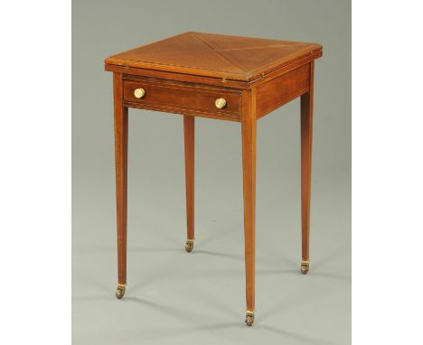 An Edwardian inlaid mahogany square envelope card table, fitted with a frieze drawer with brass handles and raised on tapered