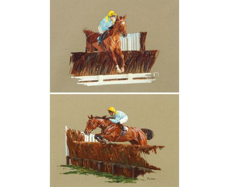 Mark L. Upton, pair of watercolours, "Leading Artist, Jumping at Towcester Race Course 1988" ridden by Carl Llewelyn, trainer