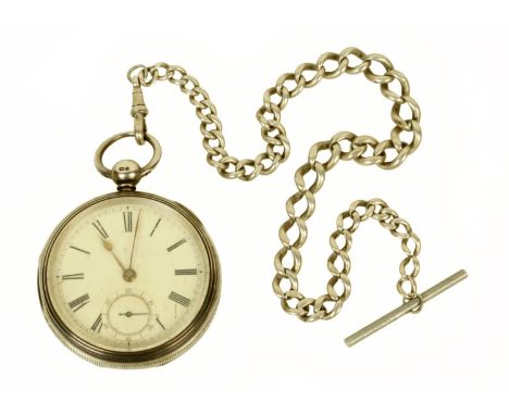 A 19th century silver cased pocket watch, key wind and with silver Albert chain.