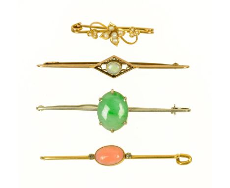 A 15 ct gold pearl mounted bar brooch, 9 ct gold opal bar brooch, gold coloured metal coral bar brooch and a jade bar brooch.