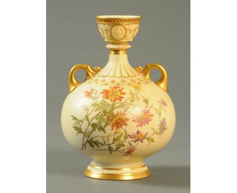 A large Royal Worcester two handled vase, decorated with floral sprays, Registration No. 35782 and 1109.  Height 23 cm (see i